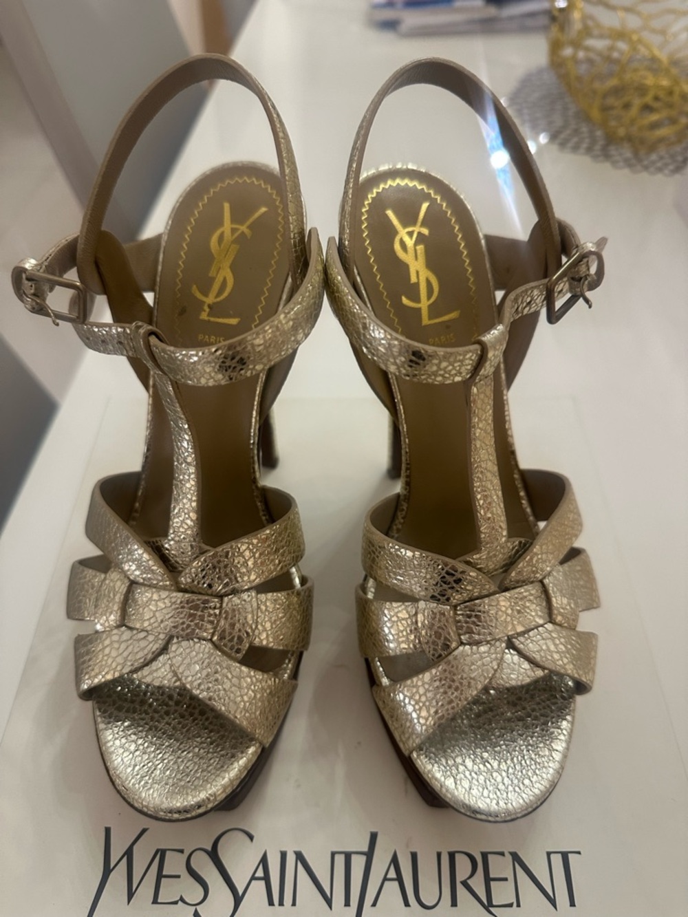 Yves Saint Laurent AUTHENTIC Metallic Gold Braided T-Strap Heels